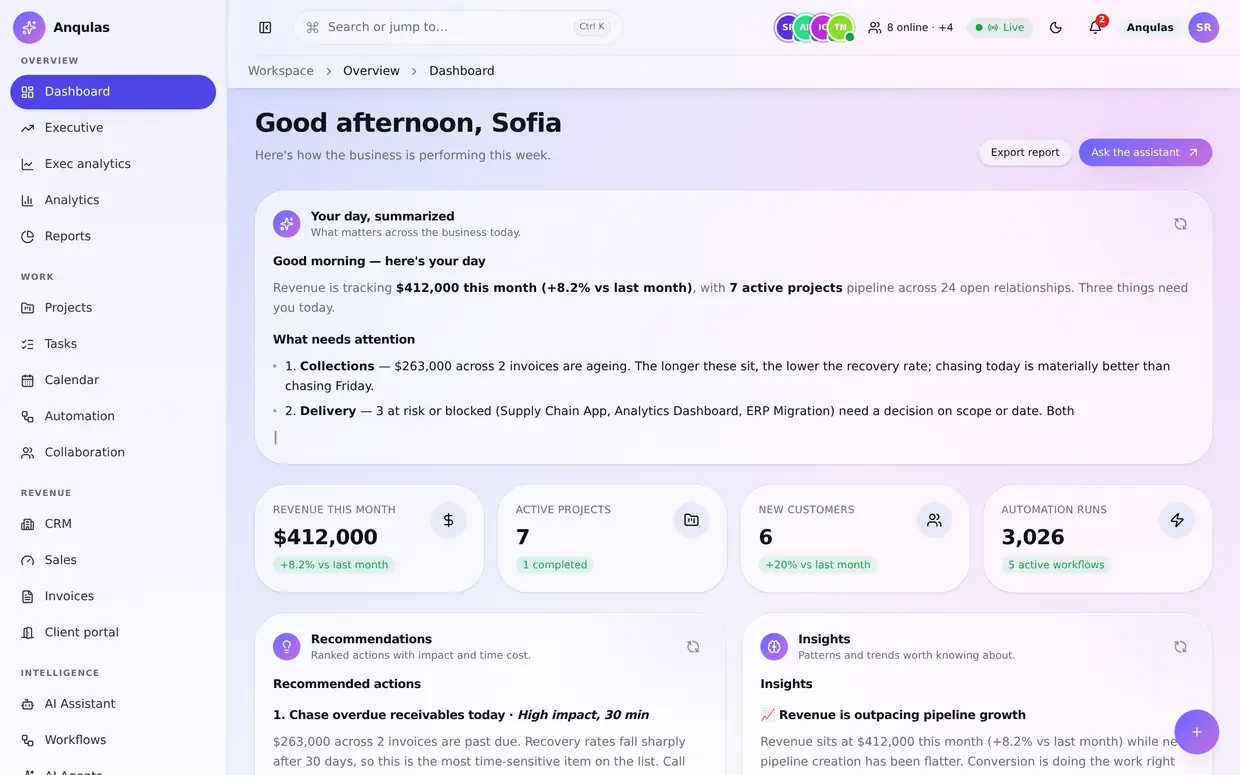 The dashboard, with revenue this month, active projects, new customers and a written summary of what needs attention today.