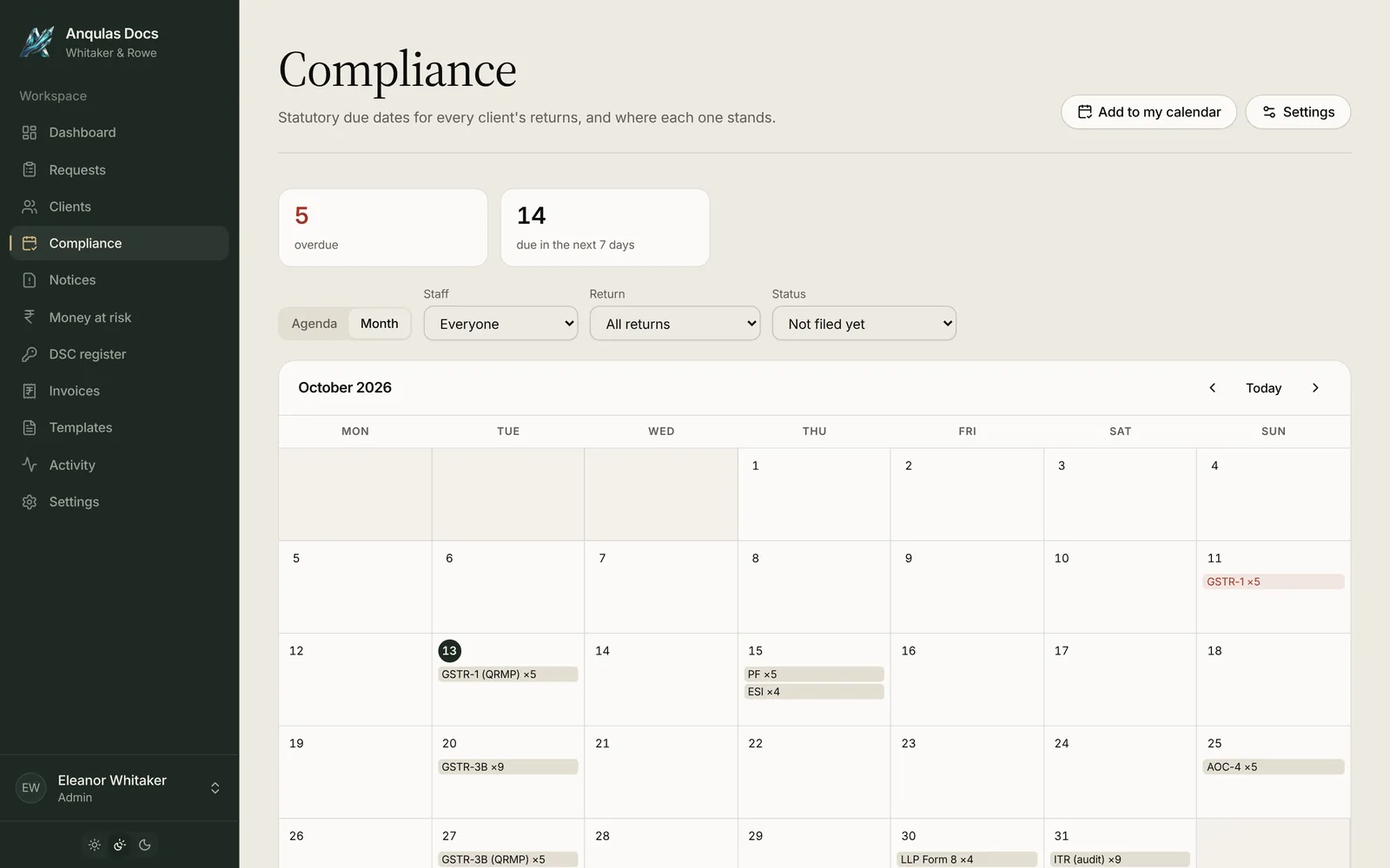 Compliance calendar: Every client's GST, TDS, income-tax and ROC dates on one calendar, with the DSC register.