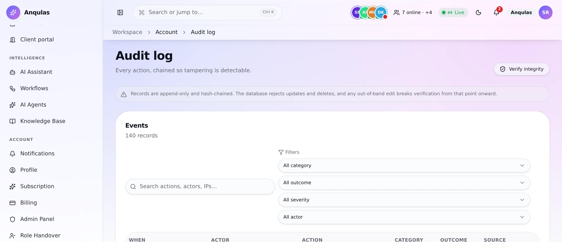 The audit log: records are append-only and hash-chained, with a button to verify the whole chain.
